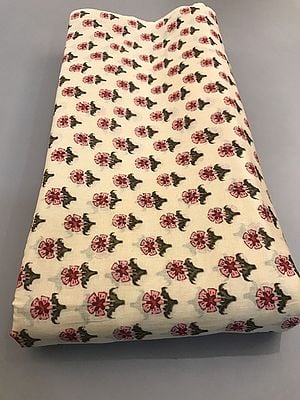 Beige Small Floral Pattern Cotton Voile Hand Screen Printed Fabric