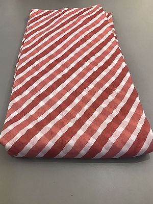 Rust-Orange-White Diagonal Stripes Pattern Viscose Muslin Silk Fabric (Hand Screen Printed)