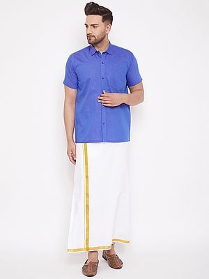 Cotton Blend South Indian Style Half Sleeve Shirt with White Cotton Golden Border Mundu
