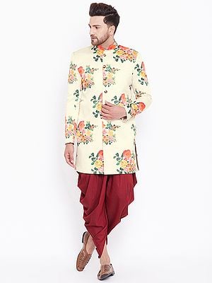 Silk Blend Printed Floral Indo-western Cream Sherwani with Maroon Cowl Style Dhoti
