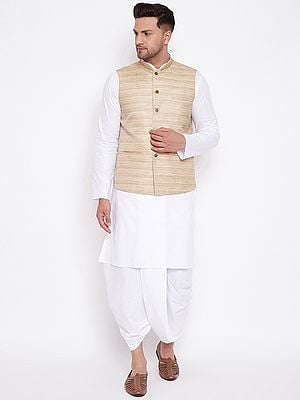 Classic Cotton Blend Men's White Dhoti Kurta With Two-Tone Silk Blend Modi Jacket