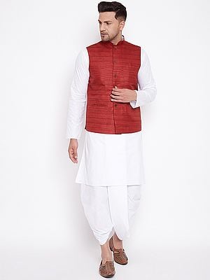 Classic Cotton Blend Men's White Dhoti Kurta with Two-Tone Silk Blend Modi Jacket