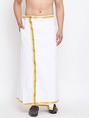 White South Indian Style Golden Border Cotton Mundu