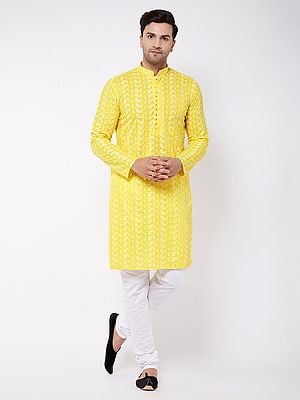 Cotton Lukhnowi Chikankari Paisley Embroidered Kurta with White Churidar Pajama