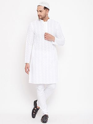 White Pure Cotton Lukhnowi Chikankari Paisley Embroidered Kurta Pajama with Prayer Cap