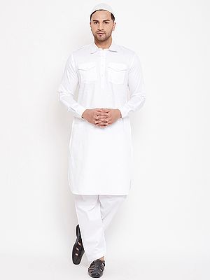 Cotton Blend Pathani Style Cream Cuff Kurta Pajama with Prayer Cap