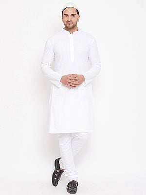 Cotton Blend Classic White Kurta with Cotton Linen Blend Pajama and Prayer Cap