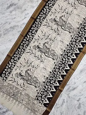 Black-White Bangalore Silk Pen Kalamkari Dupatta with Upvan Scene