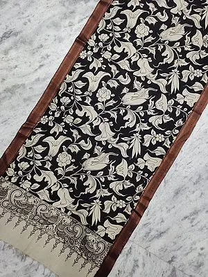 Floral Vine Pattern Bangalore Silk Black-White Dupatta With Pen Kalamkari Art