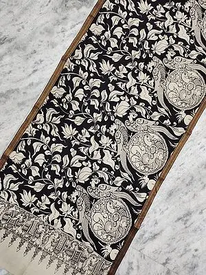 Black-White Peacock Painted Pattern Bangalore Silk Dupatta With Pen Kalamkari Art