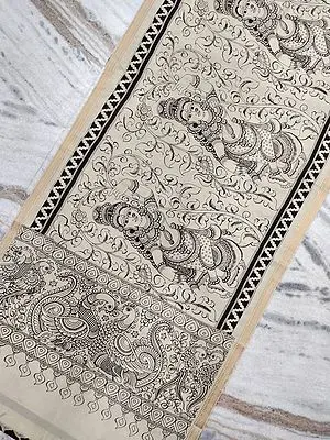 Black-White Bangalore Silk Dupatta with All-Over Vine-Traditional Dance Pen Kalamkari Art