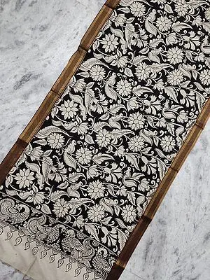 Bangalore Silk Pen Kalamkari Art Black-White Dupatta with Squirrel and Floral Vine Painted