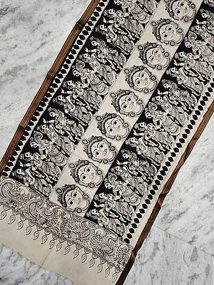 Bangalore Silk Devi Head Painted Pen Kalamkari Art Black-White Dupatta