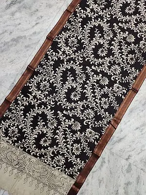 Black-White Bangalore Silk Floral Tendril Vine Painted Kalamkari Pen Art Dupatta