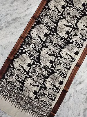 Black-White Kalamakari Pen Art Mahavata-Elephant Painted Bangalore Silk Dupatta