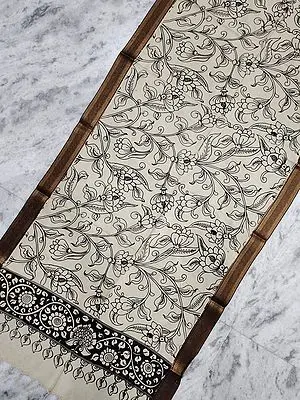 Black-White Pen Kalamkari Art Bangalore Silk Phool Pattern Painted Dupatta