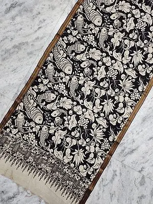 Bangalore Silk Black-White Dupatta with Pen Kalamkari Lotus-Fish Design
