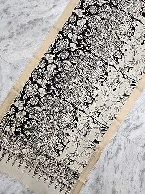 Kalamkari Bangalore Silk Black-White Dupatta with Krishna Leela Painted
