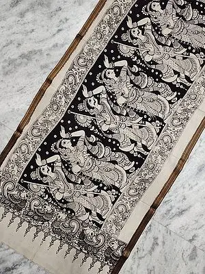 Black-White Bangalore Silk Pen Kalamkari Art Dupatta with Folk Dance Painted