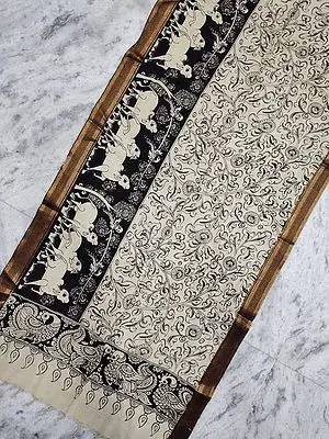 Black-White Floral-Cow Pattern Painted Kalamkari Bangalore Silk Dupatta