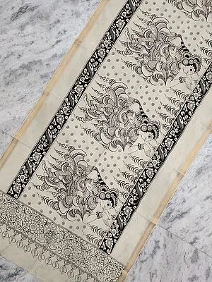 Kalamakari Pen Art Bangalore Silk Black-White Dupatta with Classical Dancer Girl Painted