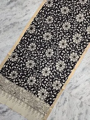 Black-White Floral Creeper Design Painted Kalamkari Bangalore Silk Dupatta