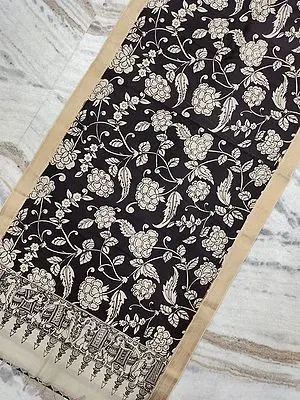 Bangalore Silk Kalamkari Pen Art Floral Tendril Vine Painted Black-White Dupatta
