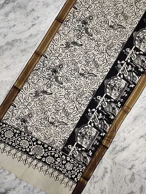 Black-White Wedding Palanquin Painted Bangalore Silk Kalamkari Pen Art Dupatta