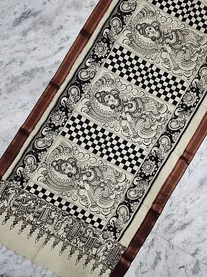 Bangalore Silk Indian Folk Dance Pen Kalamkari Art Black-White DupattaBangalore Silk Indian Folk Dance Pen Kalamkari Art Black-White Dupatta