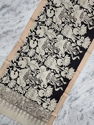 Bangalore Silk All-Over Pen Kalamkari Art Black-White Dupatta with Dance on Lotus