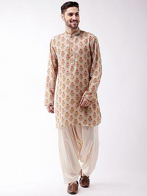 Muslin Blend Mughal Motif Digital Print Kurta with Cream Cotton Pajama