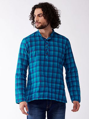 Pure Cotton Handloom Shirt Style Plaid Check Short Kurta