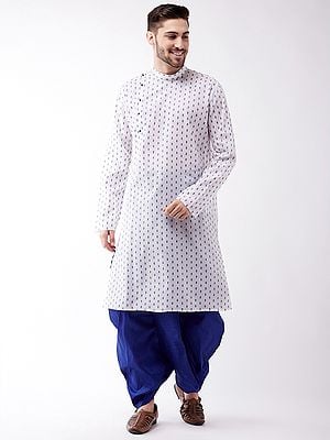 Cotton Angrakha Style White Kurta And Silk Blend Traditional Blue Dhoti