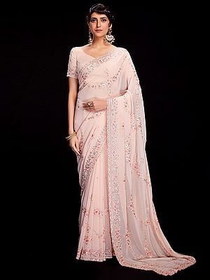Georgette Floral Sequin Embroidered Saree with Scalloped Border