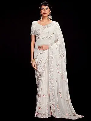 Georgette Floral Sequin Embroidered Saree with Scalloped Border