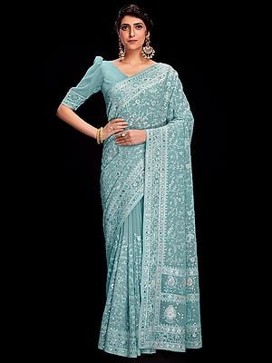 Georgette Paisley Floral Jaal Sequin Embroidered Lucknowi Meena Work Saree