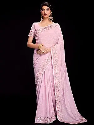 Georgette Lucknowi Work Saree with Sequins Embroidery and Meena Floral Pattern Border