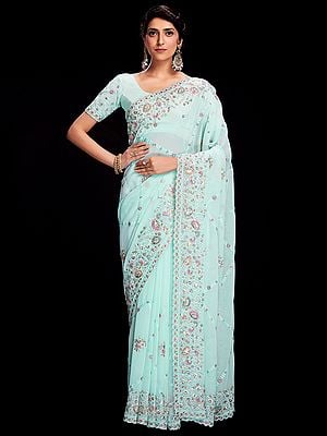 Georgette All-Over Meena Sequin Embroidered Designer Saree with Scalloped Border