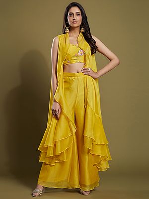 Yellow Organza Thread-Sequins Embroidered Palazzo Suit With Designer Ruffle Jacket