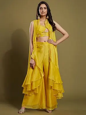 Yellow Organza Thread-Sequins Embroidered Palazzo Suit with Designer Ruffle Jacket