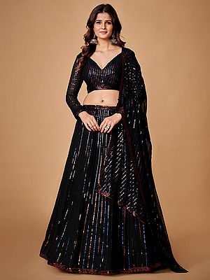 Black Georgette Striped Pattern Sequins Embroidered Lehenga Choli and Matching Dupatta