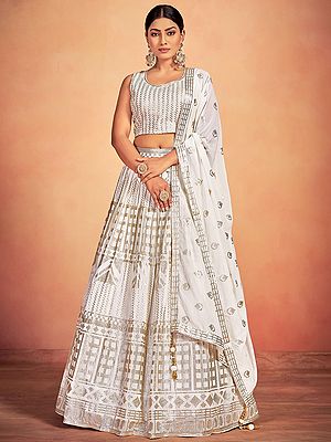 White Georgette A-Line Lehenga Choli With Sequins Embroidery And Tassel Dupatta