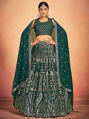 Green Georgette Lehenga Choli With All-Over Sequins Embroidery And Latkan Dupatta