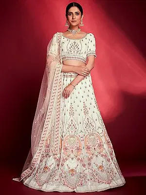 White Georgette Necklace-Paisley Pattern Lehenga Choli with Thread, Sequins, Zari, Zarkan Embroidery with Soft Net Dupatta