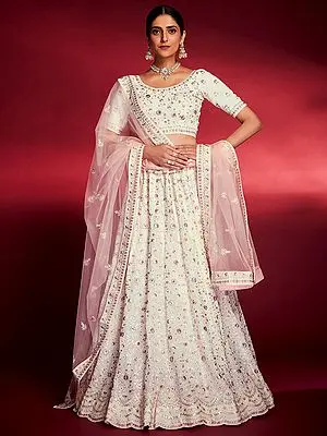White Georgette Floral Jaal Pattern Lehenga Choli with Thread, Swavorshi, Zari, Sequins and Soft Net Dupatta