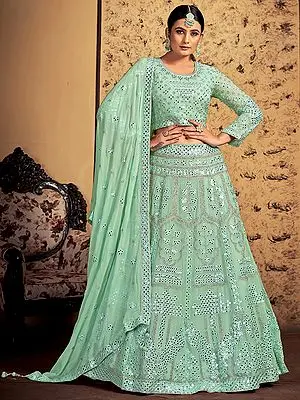 Pista Georgette Mughal Motif Lehenga Choli With Thread, Zarkan, Gota Embroidery And Dupatta