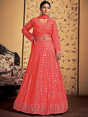 Neon Art Silk Chakram Motif Sequins-Thread Embroidered Lehenga Choli With Georgette Dupatta