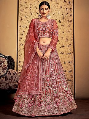 Pink-Taupe Soft Net Embellished Lehenga Choli With Stone-Dori Work And Tassel Dupatta