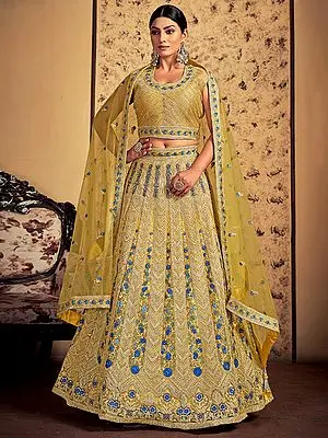 Mustard Soft Net Phool Bail Pattern Lehenga Choli With Stone-Dori Embroidery And Dupatta