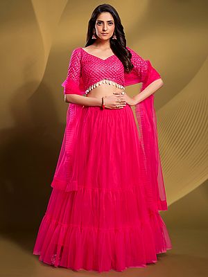 Pink Soft Net Ruffle Lehenga with Sequin-Thread Embroidered Choli with Matching Dupatta